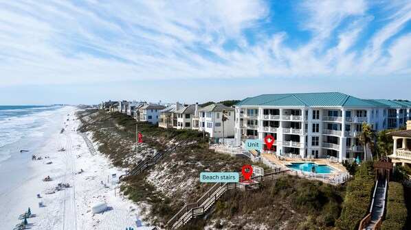 On the beach, sun loungers, beach towels