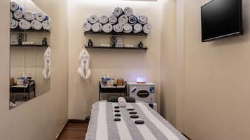 Sauna, steam room, hot springs, hot stone massages, deep-tissue massages