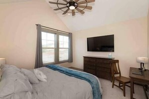 4 bedrooms, blackout curtains, iron/ironing board, travel cot