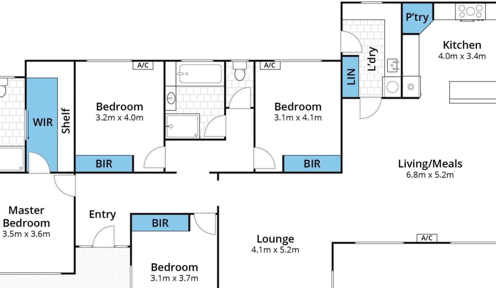A floor plan with a master bedroom, entry, lounge, two bedrooms, a kitchen, and a living/meal area.