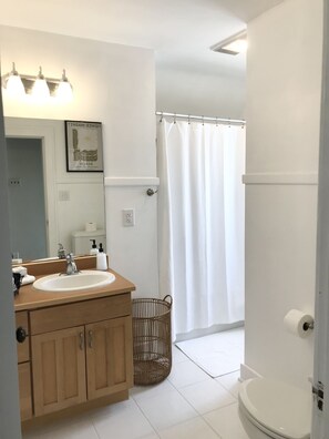 Duschwanne, Handtücher, Seife, Toilettenpapier