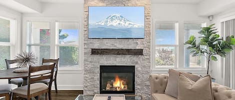 Smart TV, fireplace, books