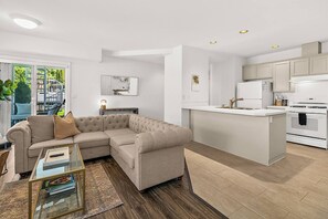 Smart TV, fireplace, books