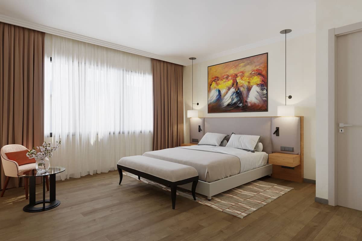 Seprai premium, selimut bulu angsa, bantalan ekstra lembut, dan minibar