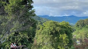 A park with a picnic table and benches, surrounded by lush greenery and mountains in the background. - Awesome House in Downtown Sylva! (Sylva)