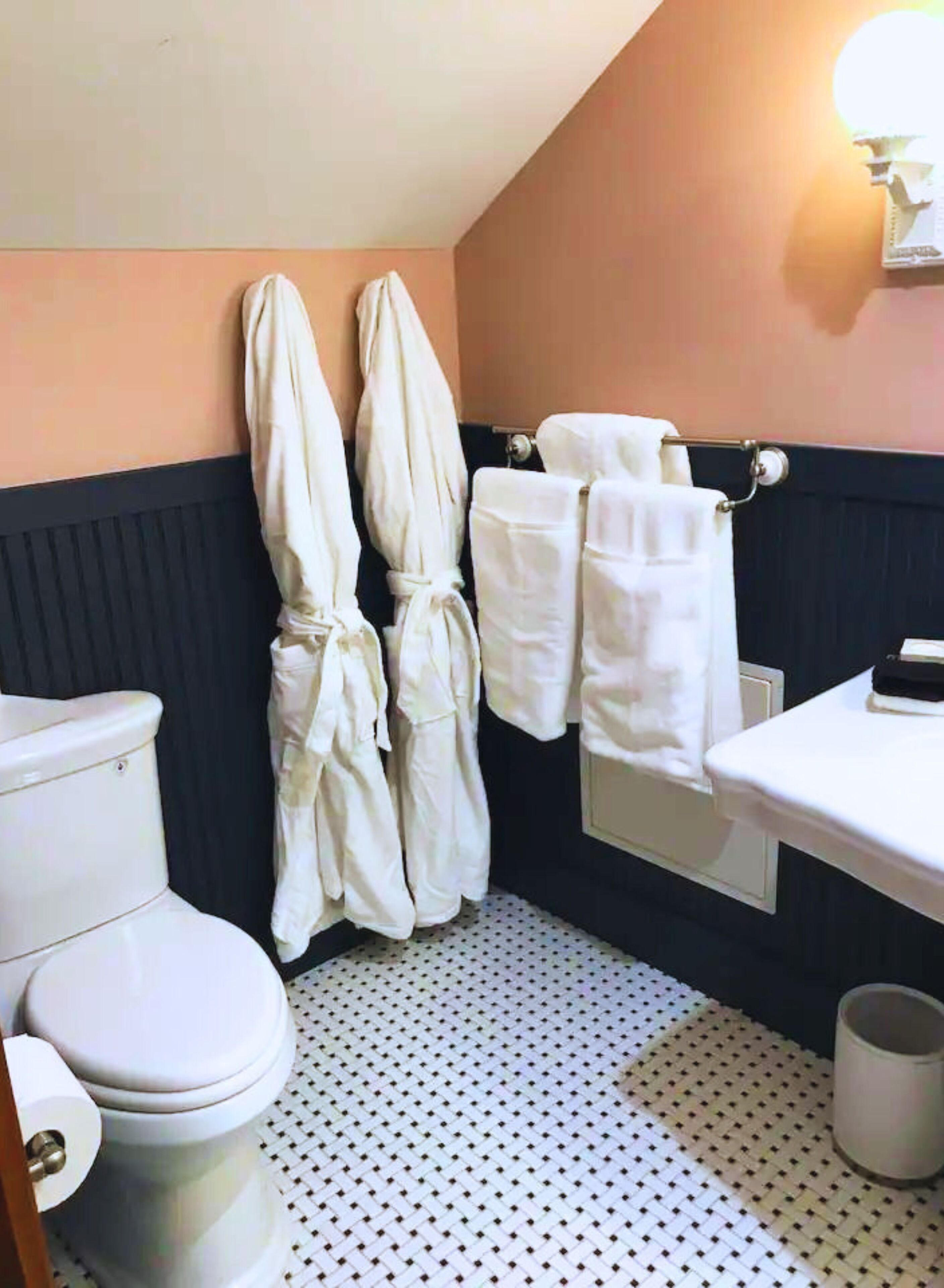 Ein Badezimmer mit Toilette, Waschbecken und zwei Handtüchern an einem Haken.