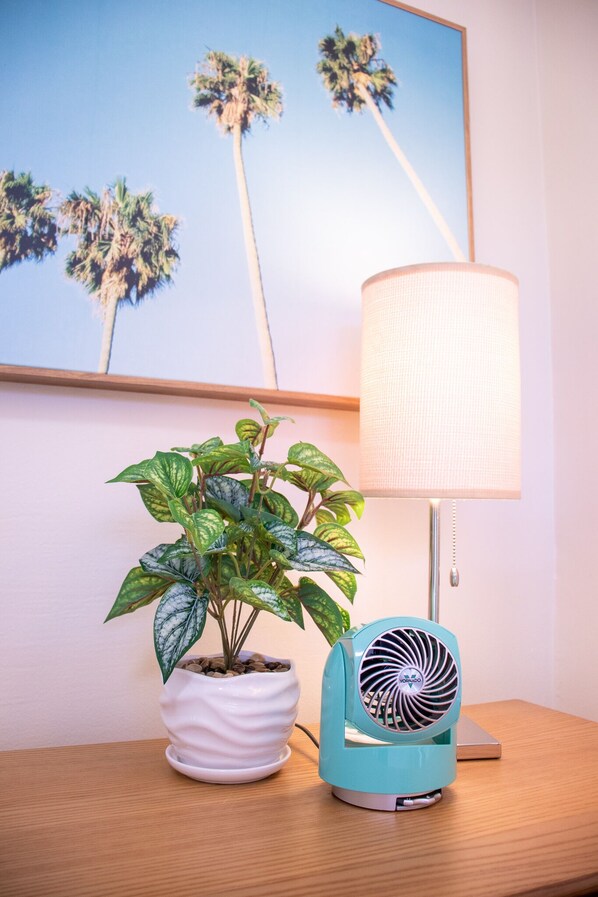 Una planta en maceta con hojas variegadas, un abanico color turquesa y una lámpara sobre una mesa de madera.