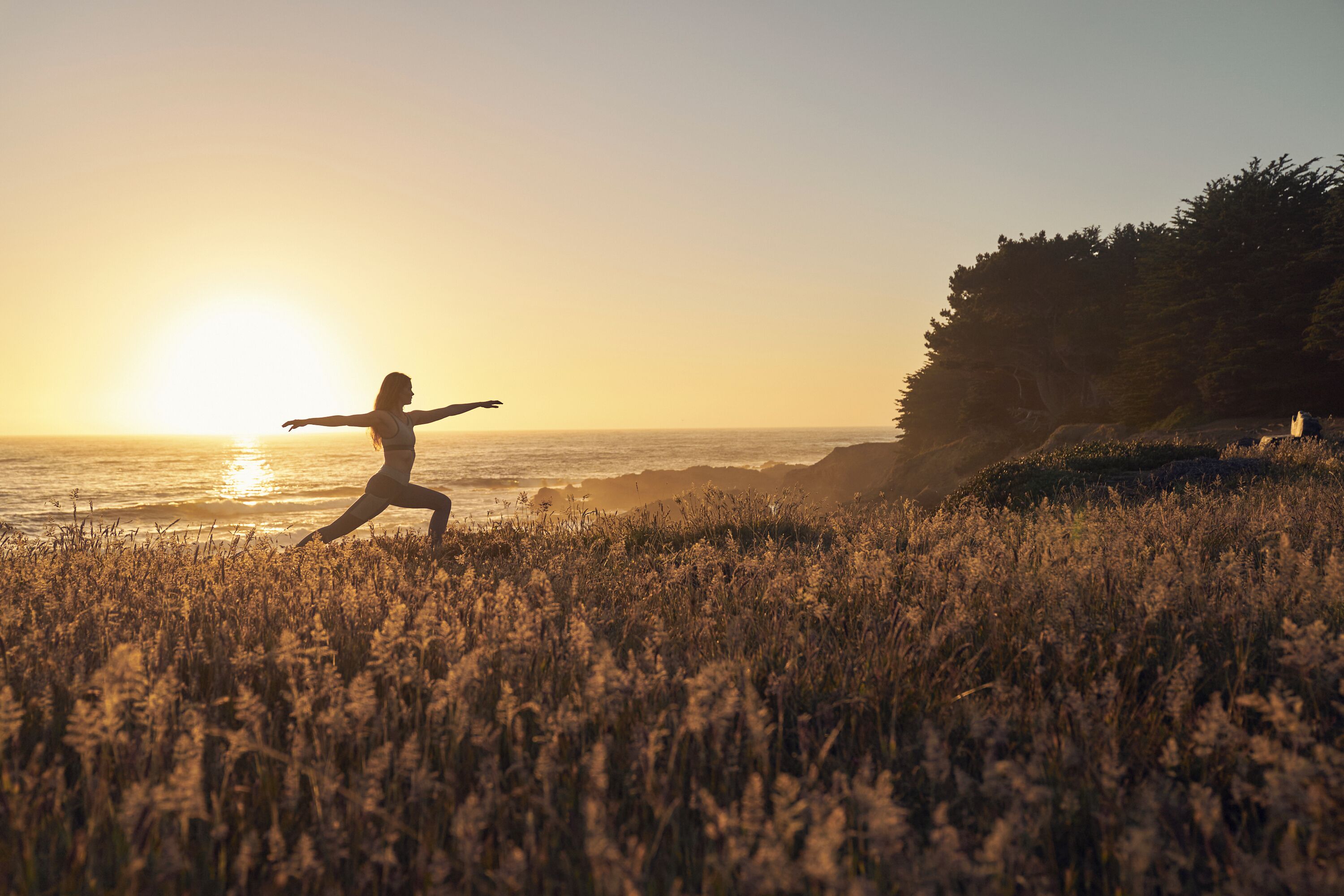 Una persona che fa yoga su un prato, con un tramonto sullo sfondo.