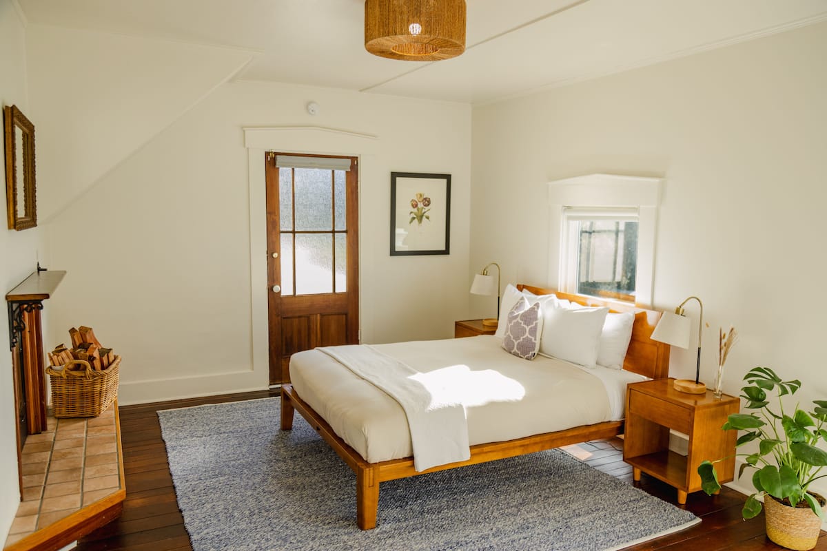 A bedroom with a wooden bed, a blue rug, a wooden nightstand, a potted plant, and a door with a window.