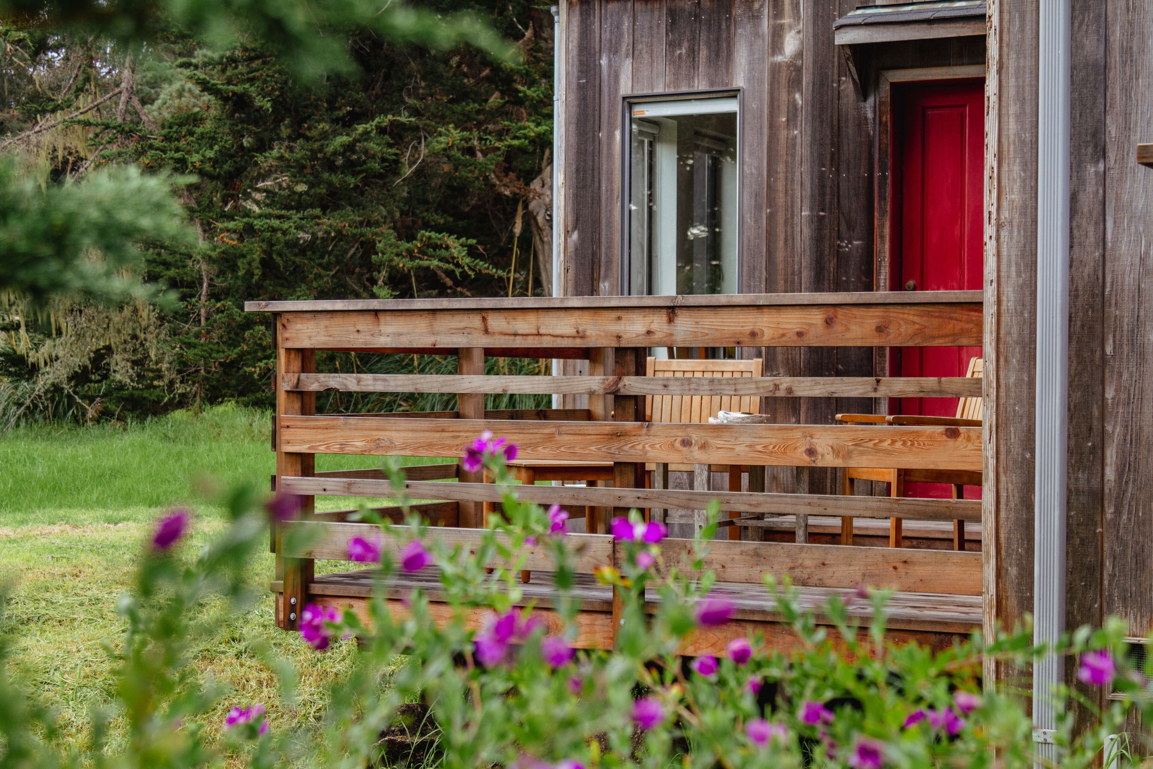 Une cabane en bois rustique avec une porte rouge, une véranda en bois dotée de bancs et un environnement naturel.