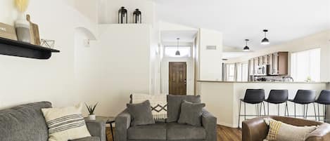 Smart TV, fireplace, books