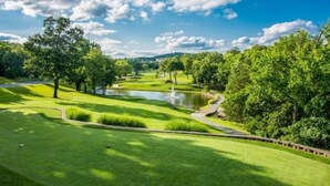 A golf course with a pond, trees, and a clear sky.