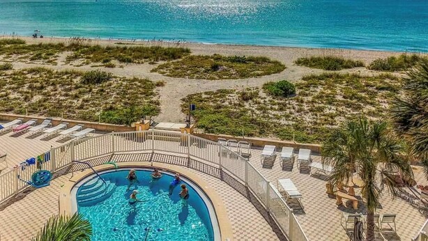 A pool area with a view of the ocean, surrounded by lounge chairs and a palm tree.