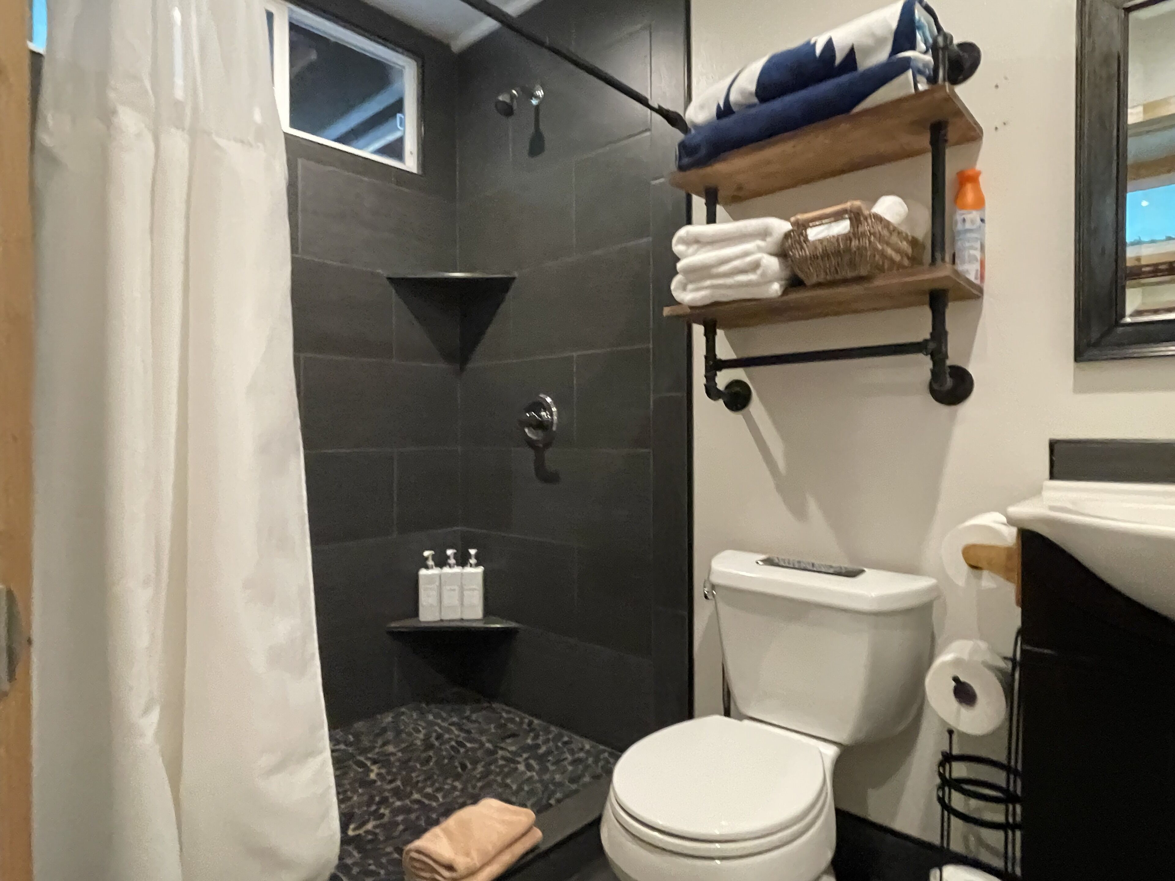 Shower, hair dryer, towels, soap