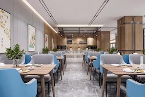 A modern dining area with multiple tables and chairs, a kitchen in the background, and artwork on the walls. - zhaona • Guofeng Intelligent Hotel (Dongguan)