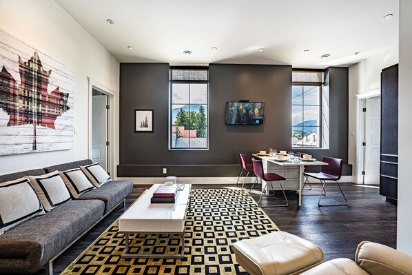 Condo | Living area | 40-inch flat-screen TV with cable channels, TV - In the Heart of it All by Revelstoke Vacations (Revelstoke)
