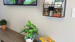 A flat-screen TV mounted on a wall displaying a nature scene, a black metal basket with books and a candle, a potted plant, and a stack of books on a wooden table.
