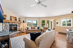 Smart TV, fireplace, DVD player, books