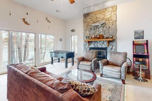 TV, DVD player, foosball, books