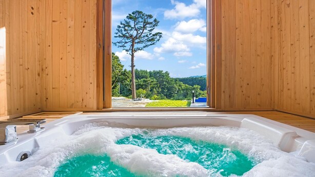 A wooden room with a large window, a bathtub filled with water, and a view of a tree and landscape.