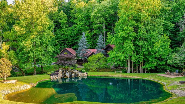 Eine Holzhütte am See mit einem Teich, umgeben von dichtem Wald.