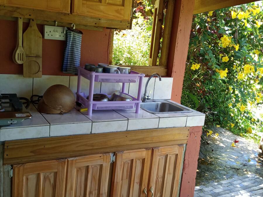 A rustic kitchen with wooden cabinets, a purple dish rack, and a window overlooking greenery.