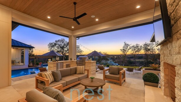 A spacious outdoor living area with a pool, comfortable seating, and a barbecue setup. - ***NEW*** POOL | HOT TUB | POOL TABLE | Fire Pit | 16 Queen Beds (Austin)