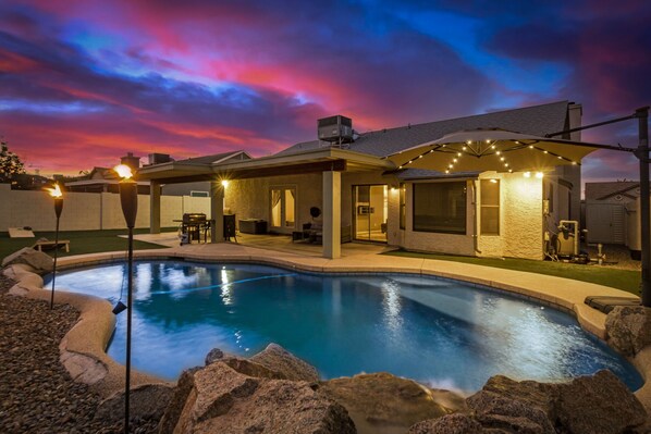 Outdoor pool, a heated pool - Fully-furnished home with private saltwater pool & patio-BBQ (Gilbert)