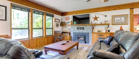 TV, fireplace, books