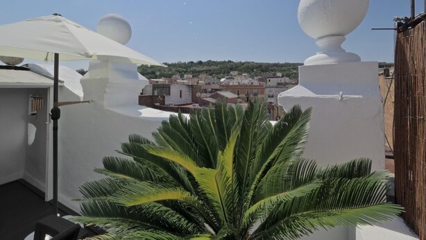 Eine Dachterrasse mit weißen architektonischen Elementen, einer Palme und Blick auf eine Stadt im Hintergrund.