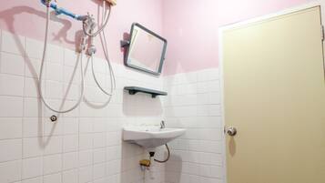 Shower, rainfall showerhead, towels, toilet paper