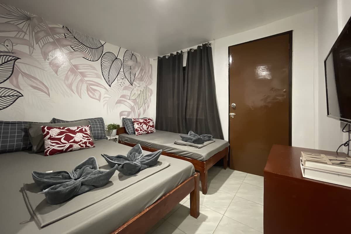 Une chambre avec deux lits, une télévision et une porte.