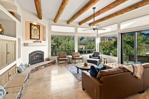 TV, fireplace, books, stereo