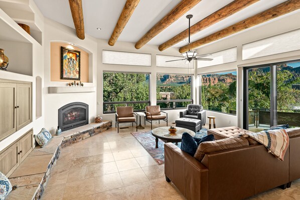 TV, fireplace, books, stereo