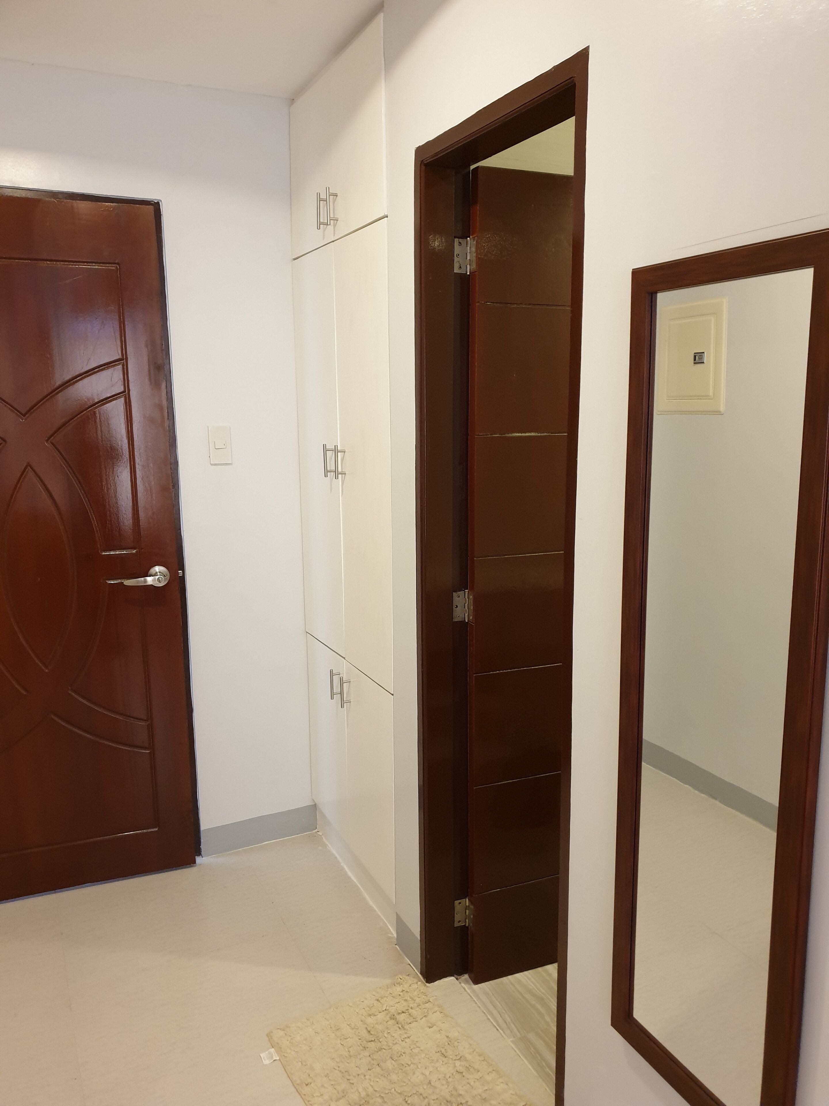 A hallway with a wooden door, a white wardrobe, and a mirror.