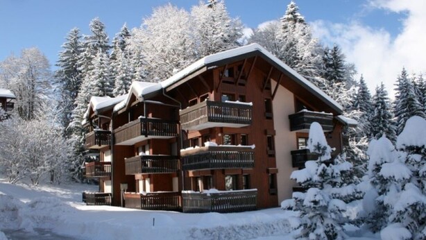 A multi-story lodge with balconies, surrounded by snow-covered trees. - 4/6 PERSON RENTAL - LE FAYARD- 800M FROM THE CENTER (Arâches-la-Frasse)