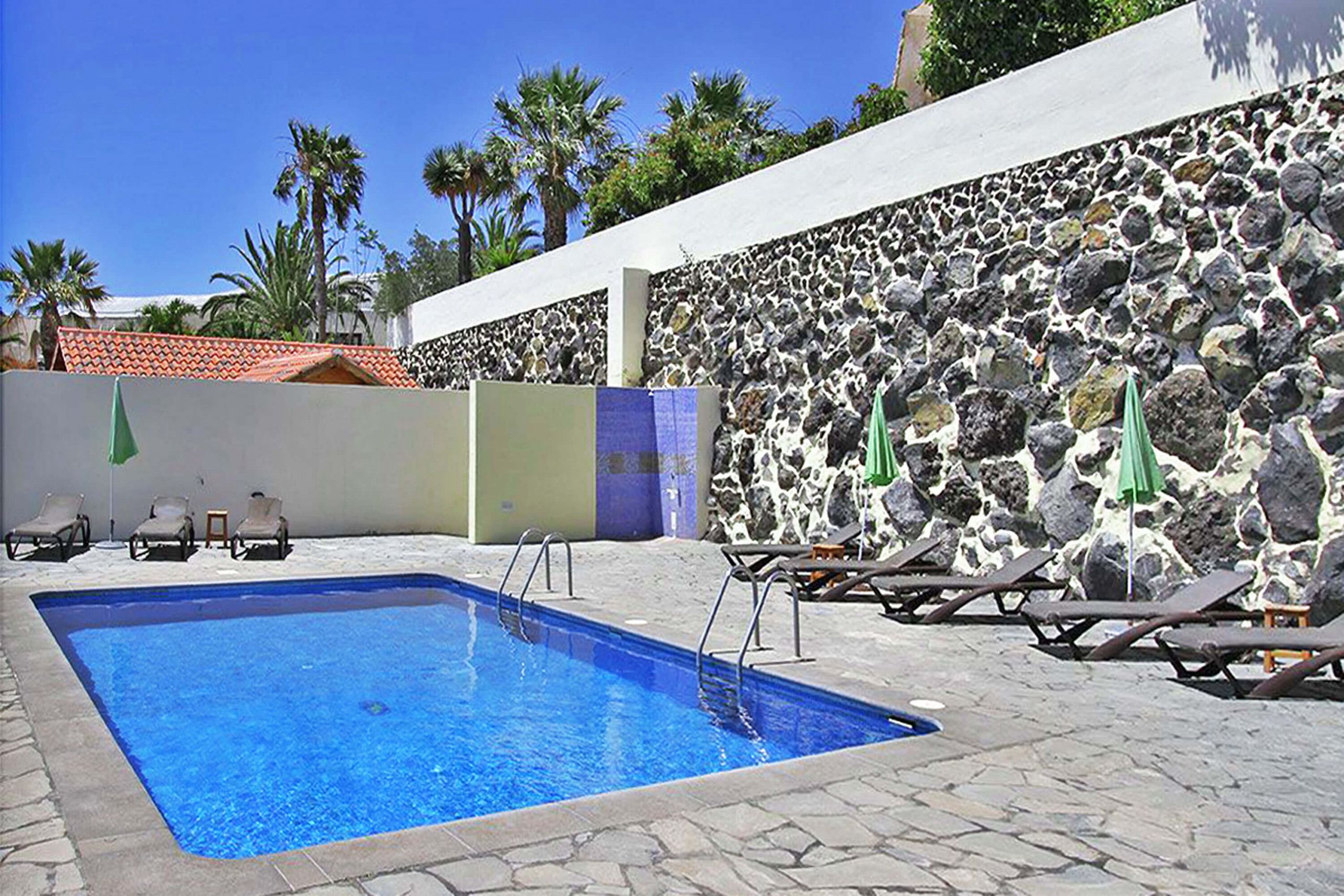 A swimming pool with lounge chairs and umbrellas, surrounded by a stone wall and palm trees.
