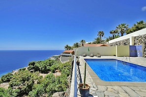 Ein Pool mit Meerblick, umgeben von Grünpflanzen und einer Steinmauer.