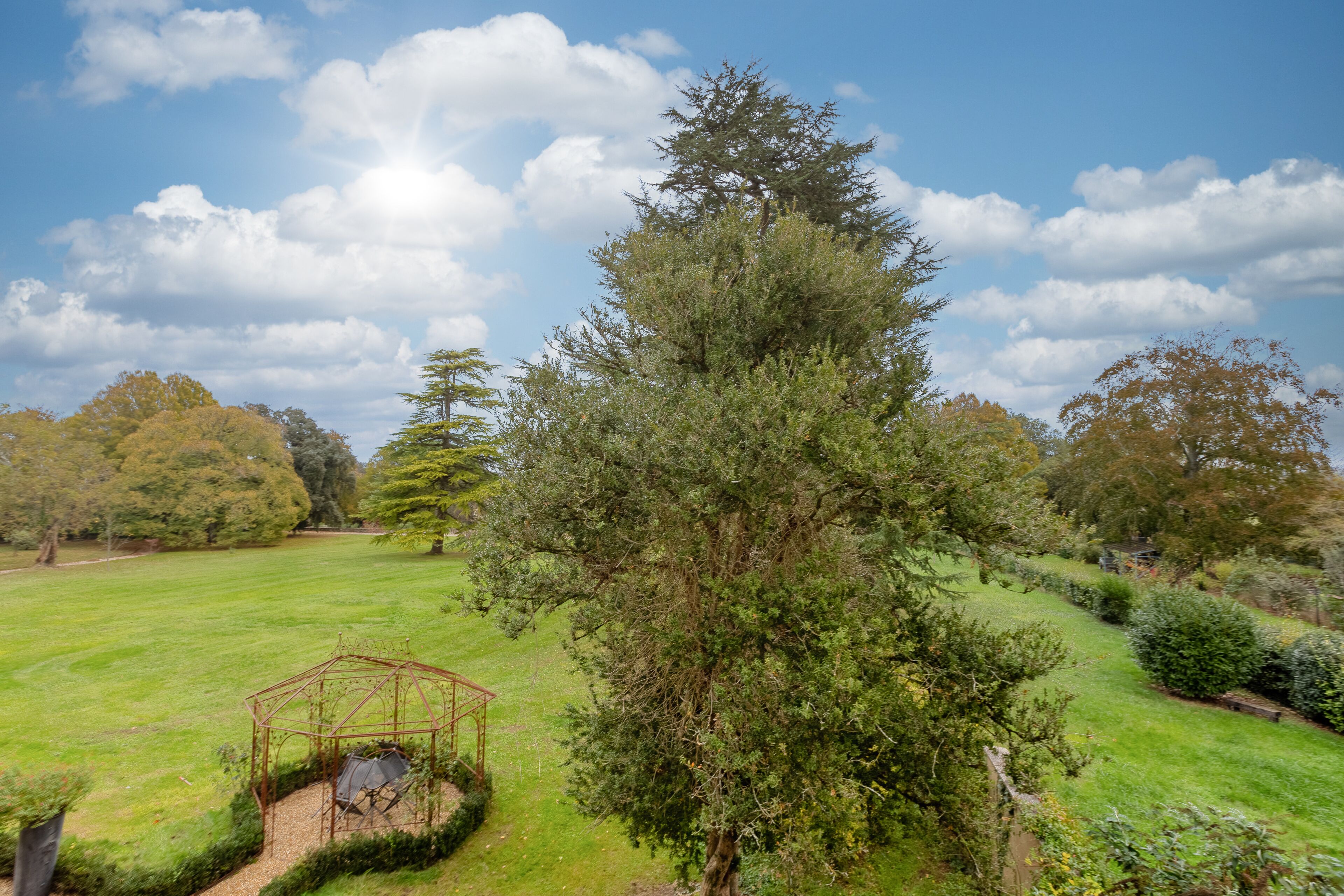 Un jardin agrémenté d’un belvédère, d’un grand arbre et d’une pelouse.
