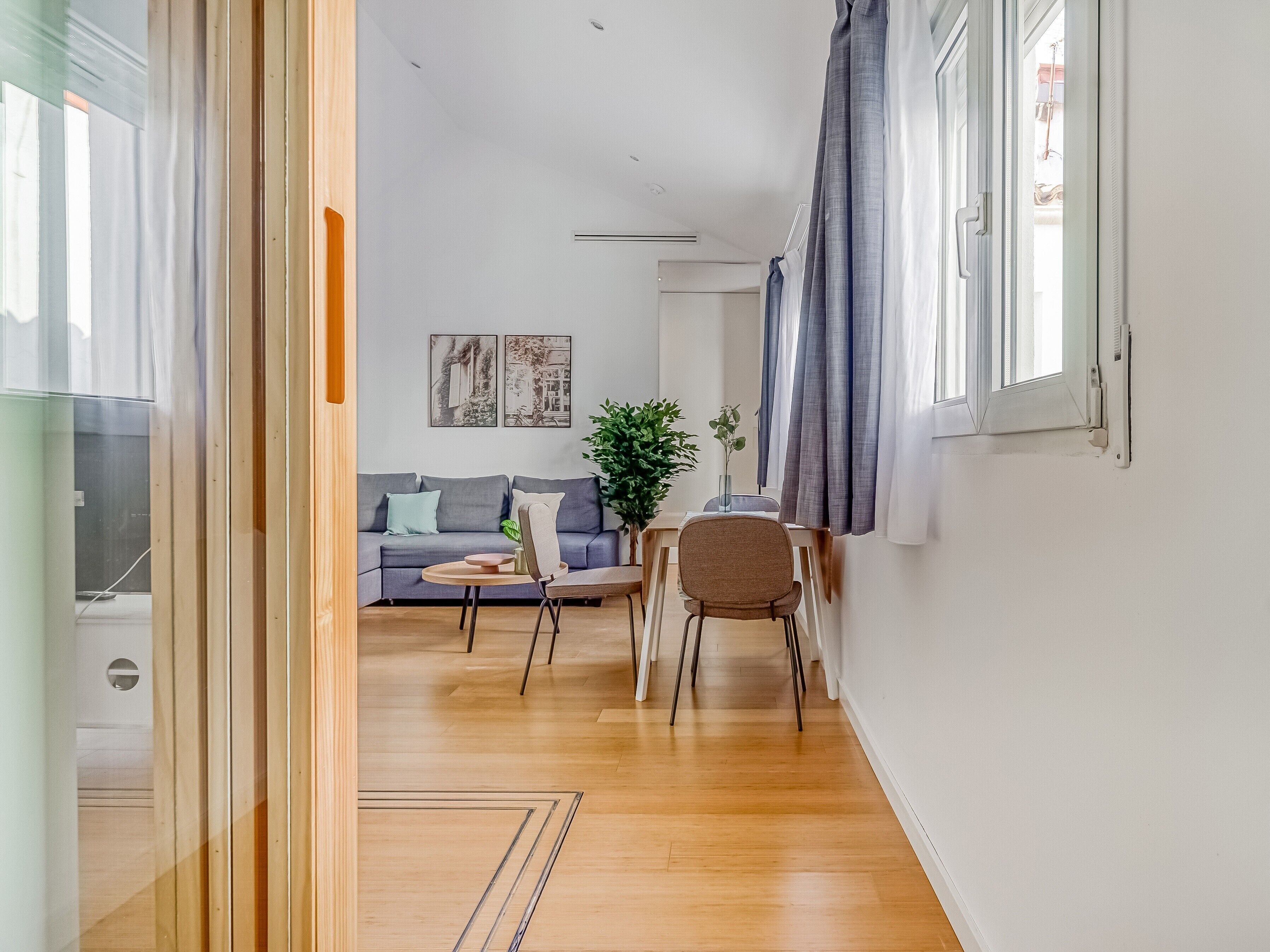 Un salon moderne avec un canapé, deux fauteuils, une petite table et une plante en pot.