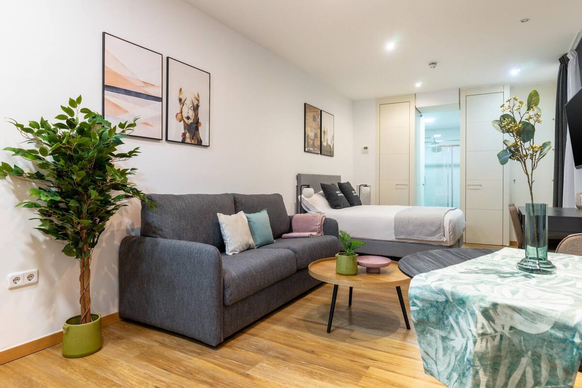 Ein modernes Wohnzimmer mit einem grauen Sofa, einem runden Couchtisch und einer großen Topfpflanze.