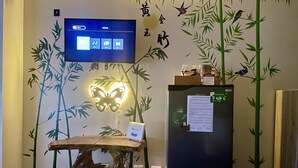A room with a flat-screen TV mounted on the wall, a decorative butterfly light, a wooden table, a refrigerator with a paper on it, and bamboo-themed wall decorations. - Avida Aspira Condotel (Cagayan de Oro)