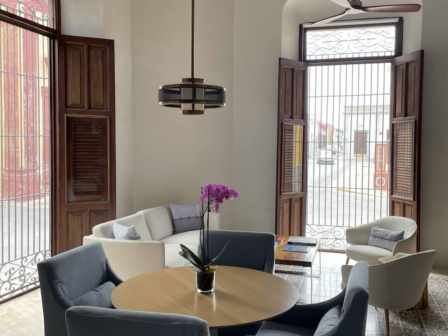 A modern living room with a round wooden table, dark blue chairs, a white sofa, and a purple orchid in a glass vase.