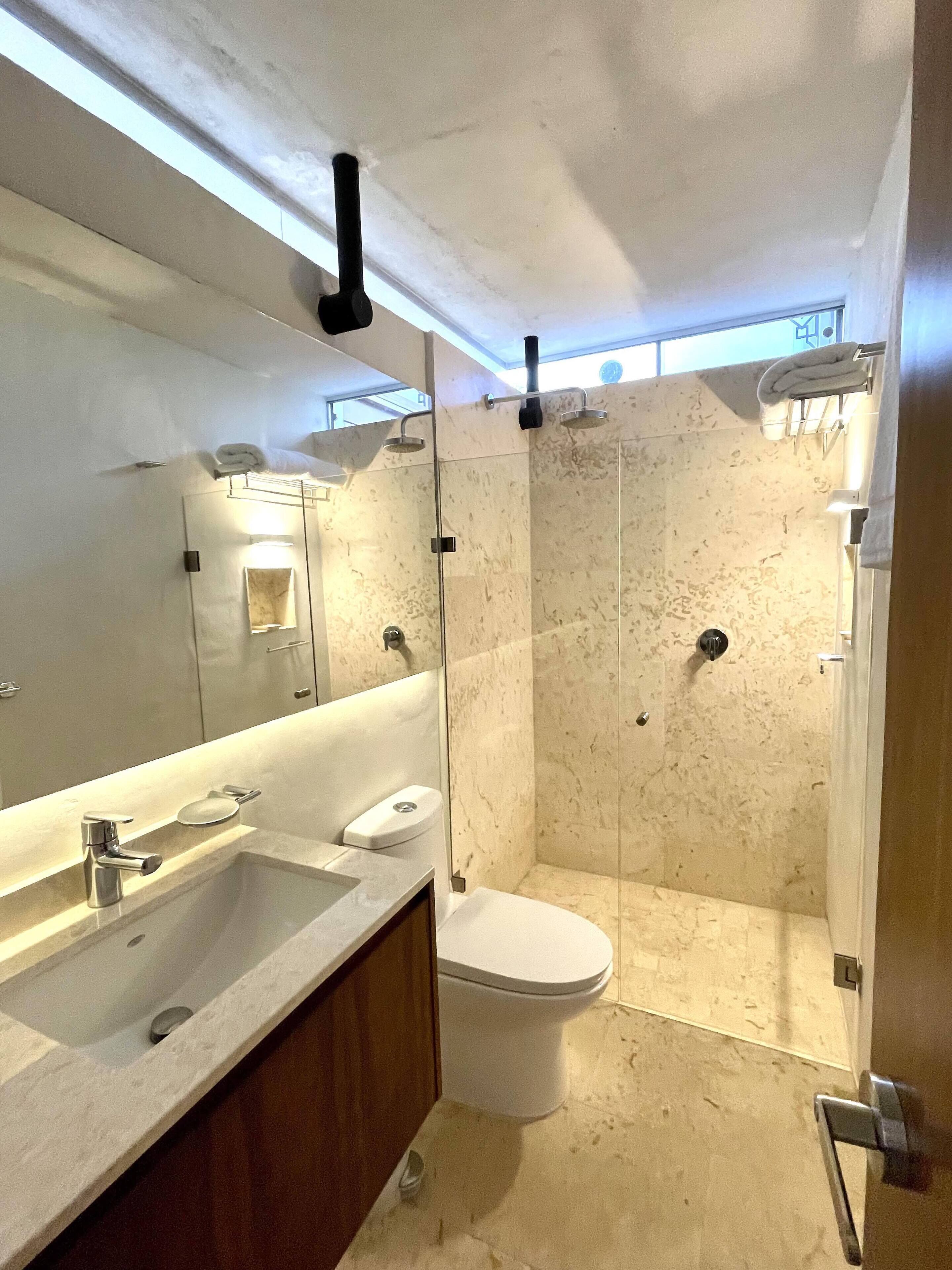 A modern bathroom with a large mirror, a sink, a toilet, and a shower area.