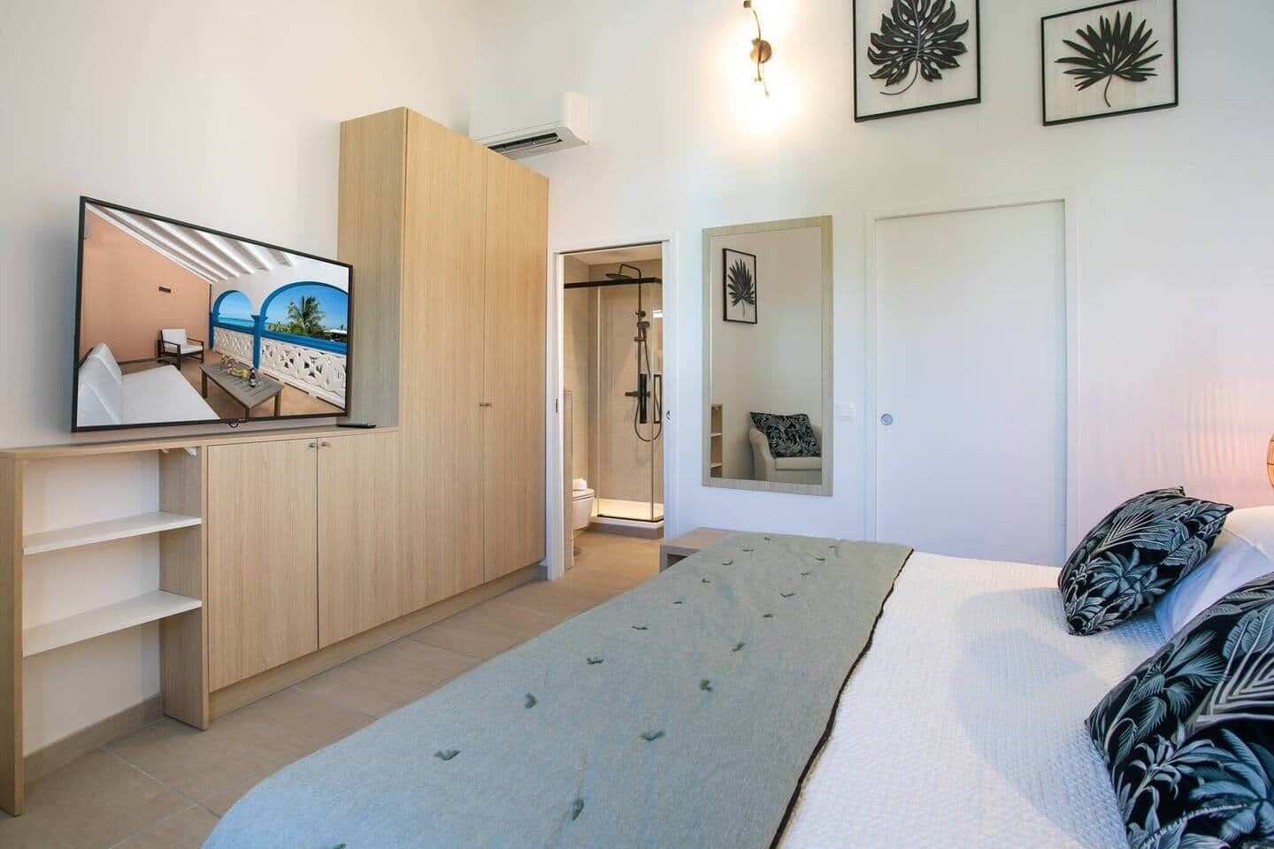 A modern bedroom with a bed, a TV, a wardrobe, and a shower area.