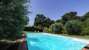 Una piscina rectangular con agua cristalina azul, rodeada de exuberante vegetación y árboles.