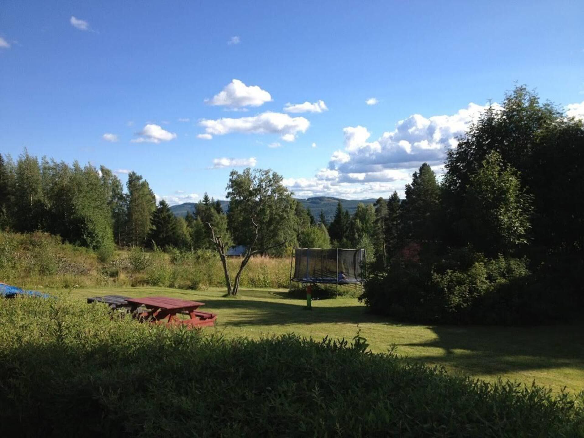 A grassy outdoor area with a picnic table and a trampoline.