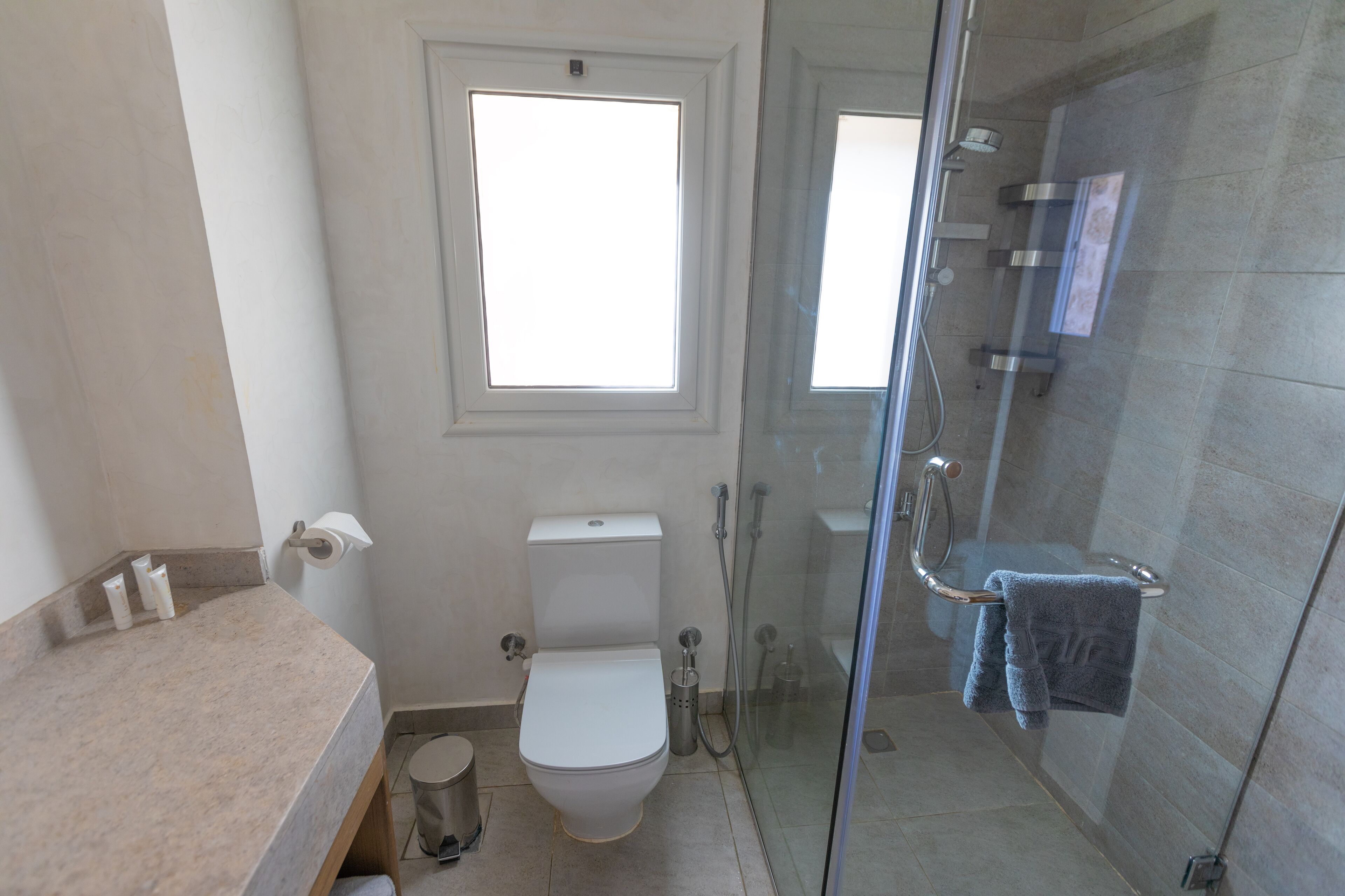A bathroom with a toilet, a shower, and a sink.
