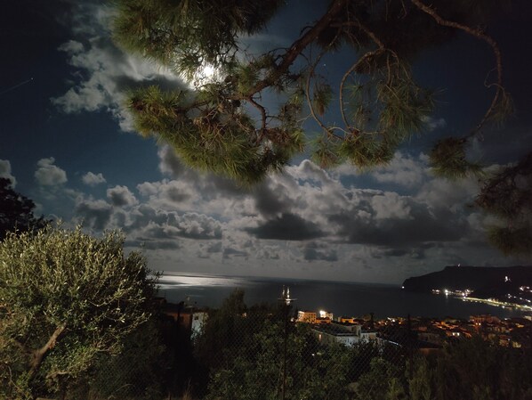 Eine Küstenstadt bei Nacht mit Blick auf das Meer, einem Leuchtturm und Gebäuden.