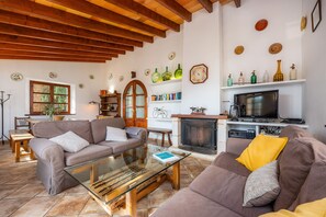 TV, fireplace - Holiday Home 'Can Bordoy' with Mountain View, Pool, Garden & Terrace (FORNALUTX)